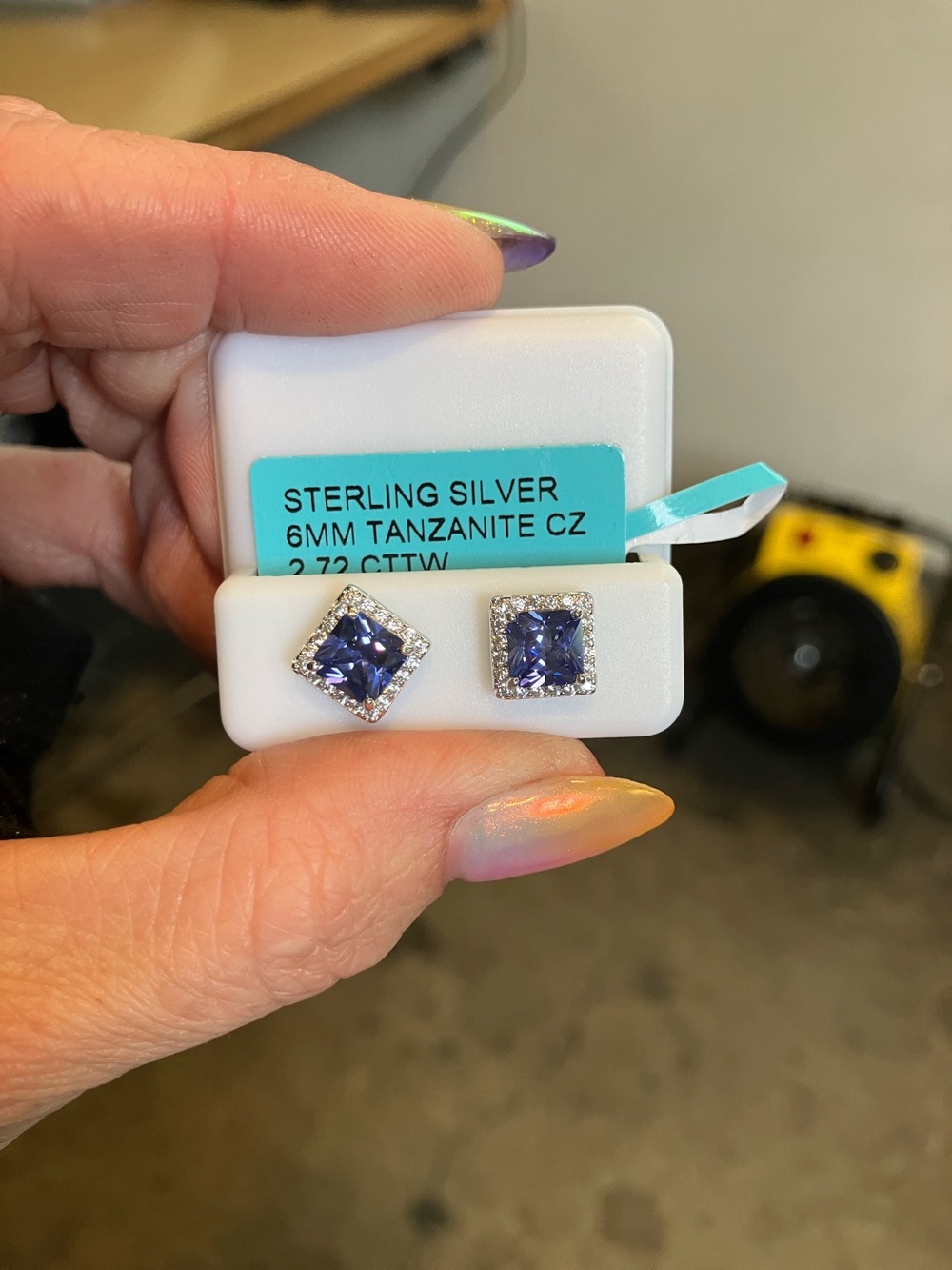 Sterling Silver Tanzanite CZ Square Halo Stud Earrings - Purple